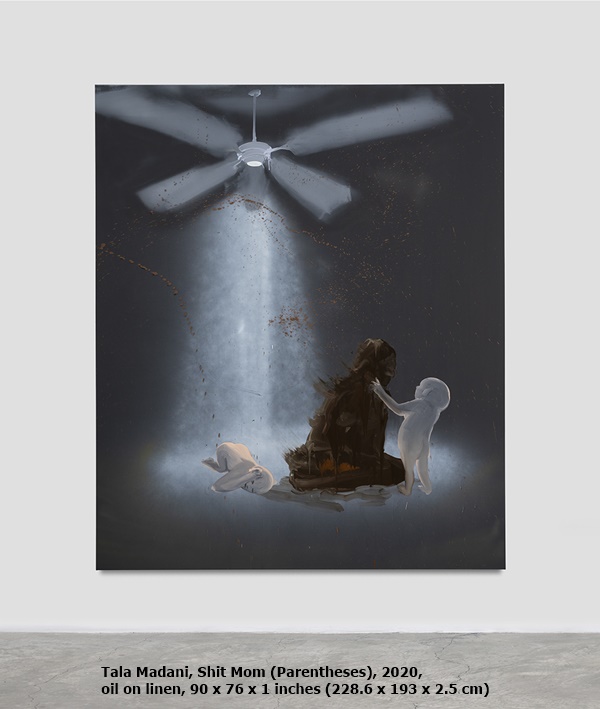 Tala Madani, Shit Mom (Parentheses), 2020, oil on linen, 90 x 76 x 1 inches (228.6 x 193 x 2.5 cm)