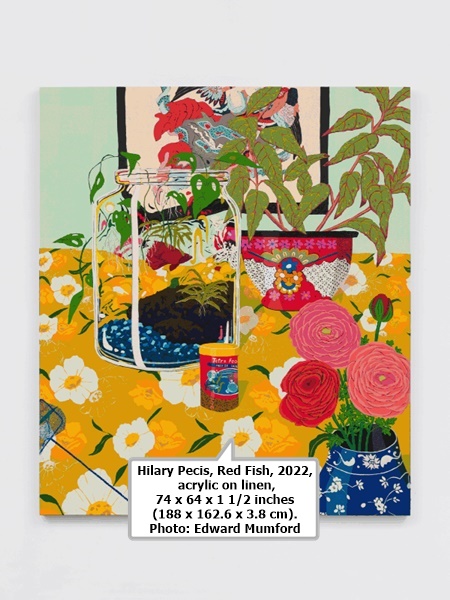 Hilary Pecis, Red Fish, 2022, acrylic on linen, 74 x 64 x 1 1/2 inches (188 x 162.6 x 3.8 cm). Photo: Edward Mumford