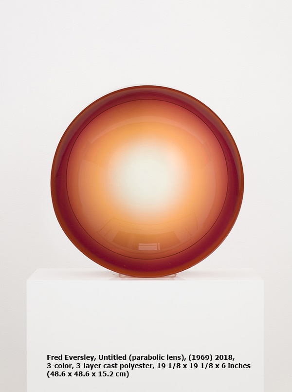 Fred Eversley, Untitled (parabolic lens), (1969) 2018, 3-color, 3-layer cast polyester, 19 1/8 x 19 1/8 x 6 inches (48.6 x 48.6 x 15.2 cm)