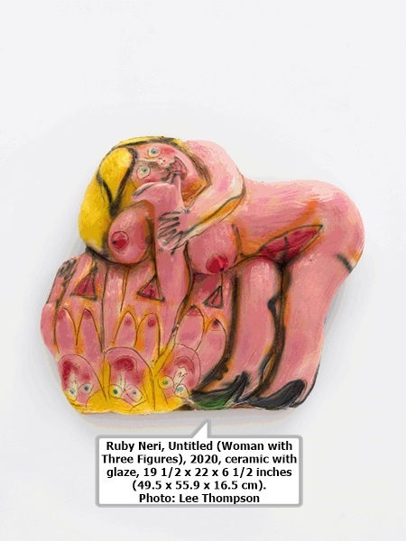 Ruby Neri, Untitled (Woman with Three Figures), 2020, ceramic with glaze, 19 1/2 x 22 x 6 1/2 inches (49.5 x 55.9 x 16.5 cm). Photo: Lee Thompson