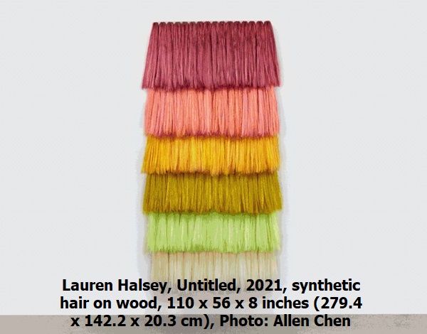 Lauren Halsey, Untitled, 2021, synthetic hair on wood, 110 x 56 x 8 inches (279.4 x 142.2 x 20.3 cm), Photo: Allen Chen