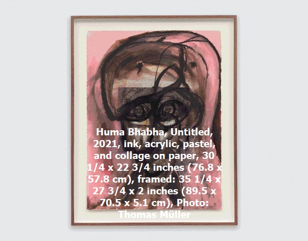 Huma Bhabha, Untitled, 2021, ink, acrylic, pastel, and collage on paper, 30 1/4 x 22 3/4 inches (76.8 x 57.8 cm), framed: 35 1/4 x 27 3/4 x 2 inches (89.5 x 70.5 x 5.1 cm), Photo: Thomas Müller 