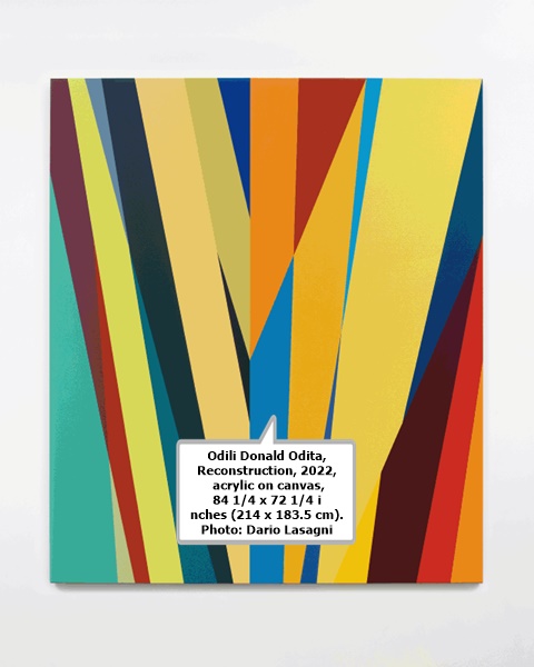 Odili Donald Odita, Reconstruction, 2022, acrylic on canvas, 84 1/4 x 72 1/4 inches (214 x 183.5 cm). Photo: Dario Lasagni