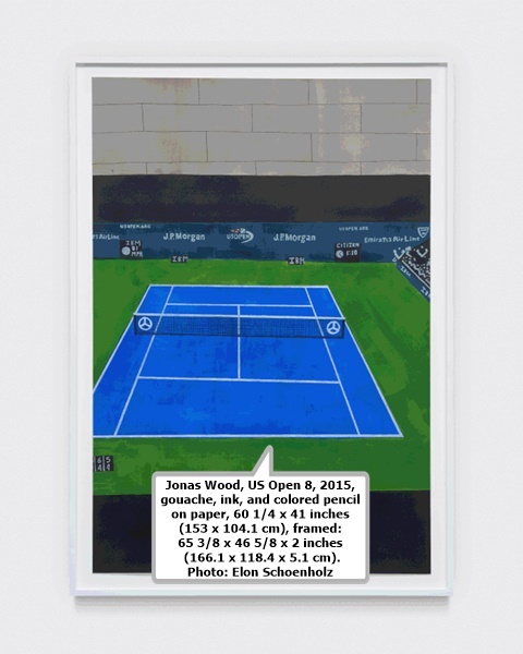Jonas Wood, US Open 8, 2015, gouache, ink, and colored pencil on paper, 60 1/4 x 41 inches (153 x 104.1 cm), framed: 65 3/8 x 46 5/8 x 2 inches (166.1 x 118.4 x 5.1 cm). Photo: Elon Schoenholz