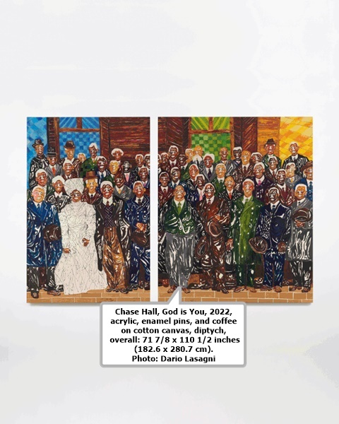 Chase Hall, God is You, 2022, acrylic, enamel pins, and coffee on cotton canvas, diptych, overall: 71 7/8 x 110 1/2 inches (182.6 x 280.7 cm). Photo: Dario Lasagni