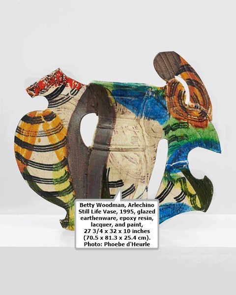 Betty Woodman, Arlechino Still Life Vase, 1995, glazed earthenware, epoxy resin, lacquer, and paint, 27 3/4 x 32 x 10 inches (70.5 x 81.3 x 25.4 cm). Photo: Phoebe d'Heurle