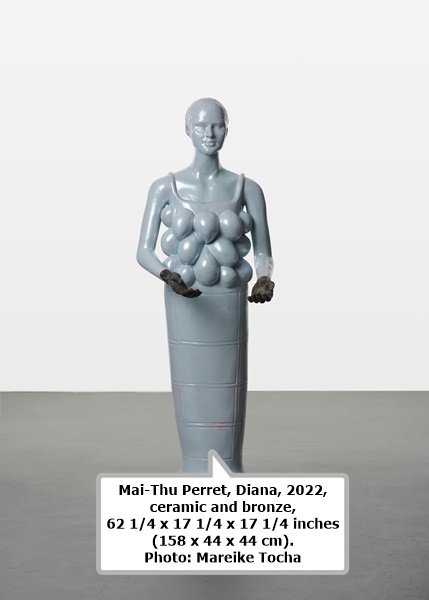 Mai-Thu Perret, Diana, 2022, ceramic and bronze, 62 1/4 x 17 1/4 x 17 1/4 inches (158 x 44 x 44 cm). Photo: Mareike Tocha