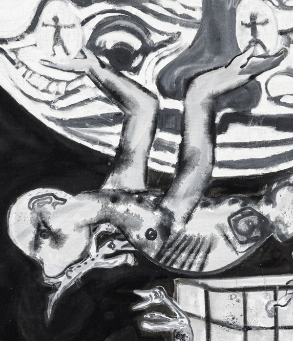 Tobias Pils, Balancing, 2020, mixed media on canvas, 90 1/2 x 78 3/4 x 1 1/2 inches (230 x 200 x 4 cm), Photography: Jorit Aust