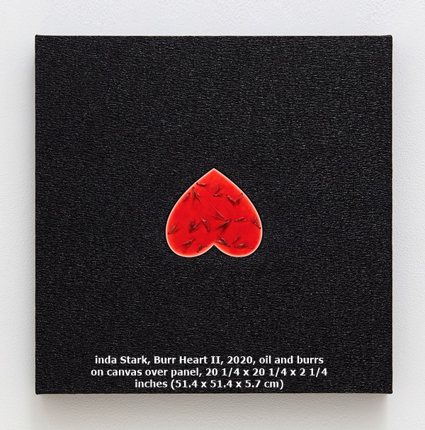 Linda Stark, Burr Heart II, 2020, oil and burrs on canvas over panel, 20 1/4 x 20 1/4 x 2 1/4 inches (51.4 x 51.4 x 5.7 cm)