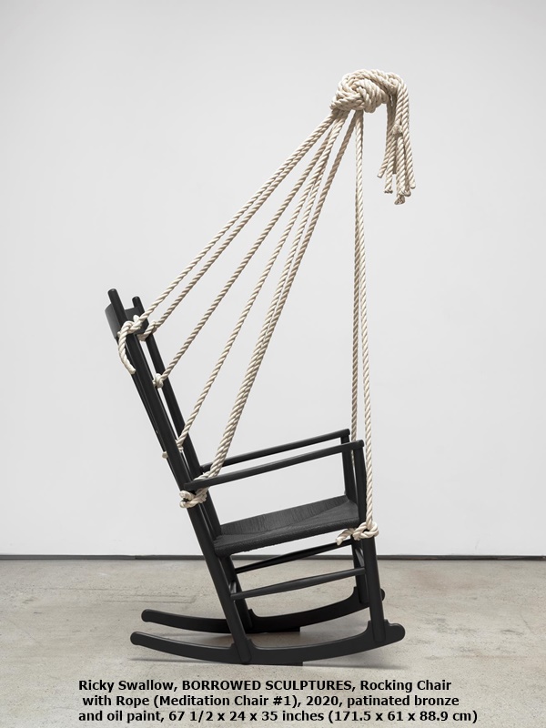 Ricky Swallow, BORROWED SCULPTURES, Rocking Chair with Rope (Meditation Chair #1), 2020, patinated bronze and oil paint, 67 1/2 x 24 x 35 inches (171.5 x 61 x 88.9 cm)