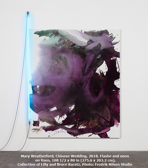 Mary Weatherford, Chinese Wedding, 2018, Flashe and neon on linen, 108 1/2 x 80 in (275.6 x 203.2 cm), Collection of Lilly and Bruce Karatz, Photo: Fredrik Nilsen Studio
