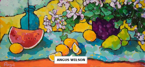 ANGUS WILSON
Pears, Lemons & Watermelon on Orange Table
Acrylic on Panel
12 x 24 inches