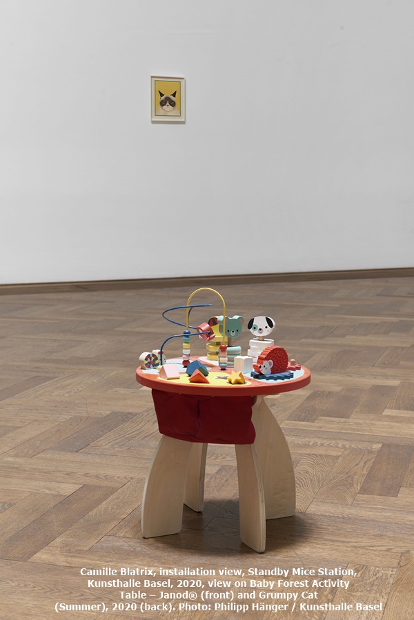 Camille Blatrix, installation view, Standby Mice Station, Kunsthalle Basel, 2020, view on Baby Forest Activity Table – Janod® (front) and Grumpy Cat (Summer), 2020 (back). Photo: Philipp Hänger / Kunsthalle Basel