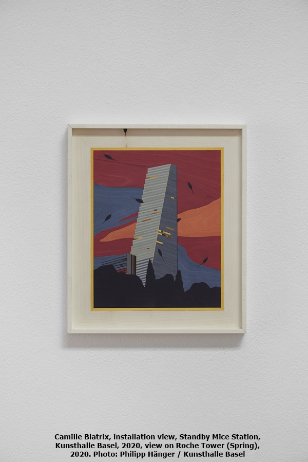 Camille Blatrix, installation view, Standby Mice Station, Kunsthalle Basel, 2020, view on Roche Tower (Spring), 2020. Photo: Philipp Hänger / Kunsthalle Basel