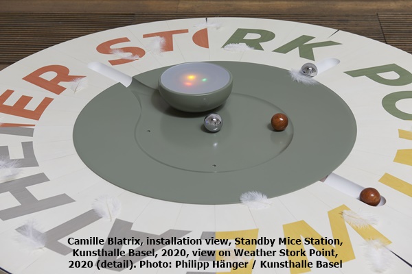 Camille Blatrix, installation view, Standby Mice Station, Kunsthalle Basel, 2020, view on Weather Stork Point, 2020 (detail). Photo: Philipp Hänger / Kunsthalle Basel