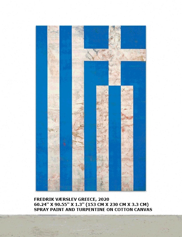 FREDRIK VÆRSLEV
GREECE, 2020
60.24'' X 90.55'' X 1.3'' (153 CM X 230 CM X 3.3 CM)
SPRAY PAINT AND TURPENTINE ON COTTON CANVAS