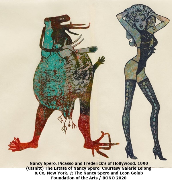 Nancy Spero, Picasso and Frederick's of Hollywood, 1990 (utsnitt) The Estate of Nancy Spero, Courtesy Galerie Lelong & Co, New York. © The Nancy Spero and Leon Golub Foundation of the Arts / BONO 2020 