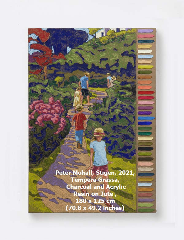 Peter Mohall, Stigen, 2021, Tempera Grassa, Charcoal and Acrylic Resin on Jute , 180 x 125 cm (70.8 x 49.2 inches)