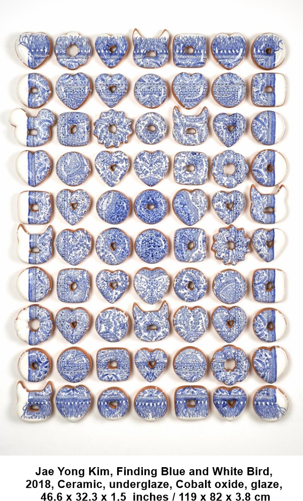 Jae Yong Kim, Finding Blue and White Bird,  
2018, Ceramic, underglaze, Cobalt oxide, glaze, 46.6 x 32.3 x 1.5  inches / 119 x 82 x 3.8 cm 
