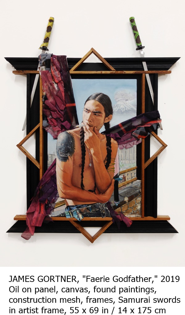 JAMES GORTNER, Faerie Godfather, 2019 Oil on panel, canvas, found paintings, construction mesh, frames, Samurai swords in artist frame, 55 x 69 in / 14 x 175 cm
