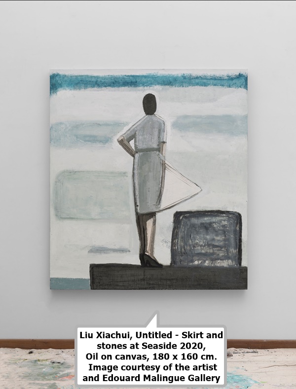 Liu Xiachui, Untitled - Skirt and stones at Seaside 2020, Oil on canvas, 180 x 160 cm. Image courtesy of the artist and Edouard Malingue Gallery