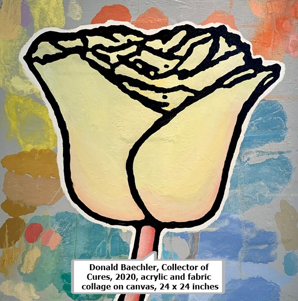 Donald Baechler, Collector of Cures, 2020, acrylic and fabric collage on canvas, 24 x 24 inches