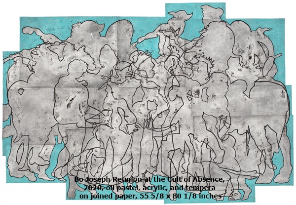 Bo Joseph Reunion at the Cult of Absence, 2020, oil pastel, acrylic, and tempera on joined paper, 55 5/8 x 80 1/8 inches