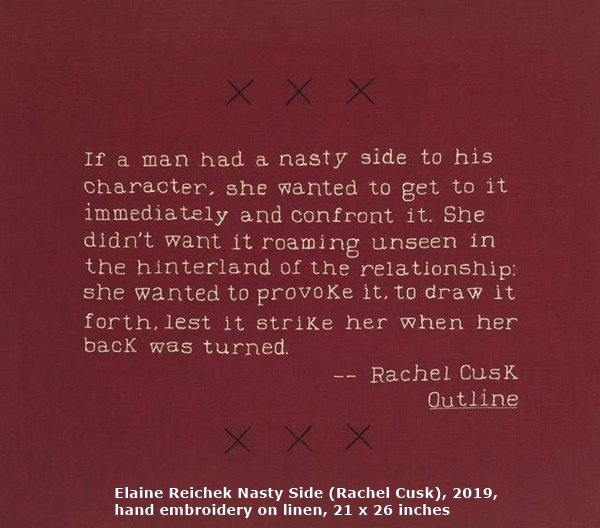 Elaine Reichek Nasty Side (Rachel Cusk), 2019, hand embroidery on linen, 21 x 26 inches