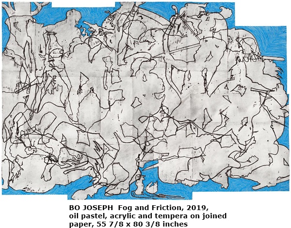 BO JOSEPH  Fog and Friction, 2019, oil pastel, acrylic and tempera on joined paper, 55 7/8 x 80 3/8 inches