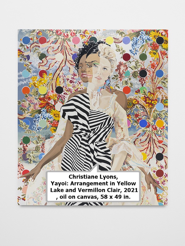 Christiane Lyons, Yayoi: Arrangement in Yellow Lake and Vermillon Clair, 2021, oil on canvas, 58 x 49 in.