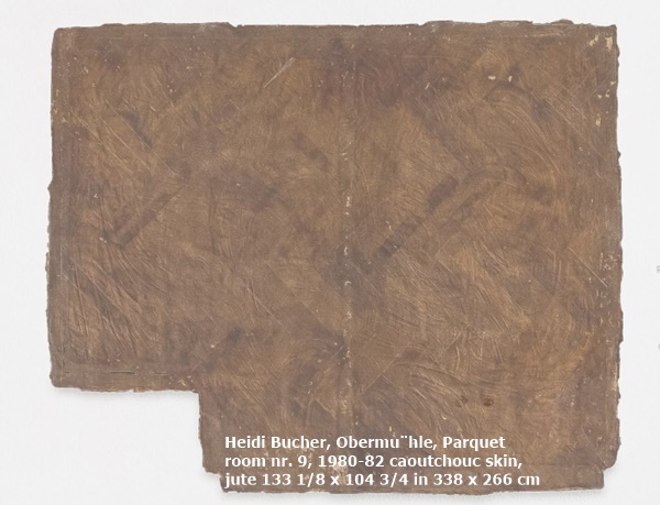 Heidi Bucher
Obermühle, Parquet room nr. 9, 1980-82
caoutchouc skin, jute
133 1/8 x 104 3/4 in
338 x 266 cm