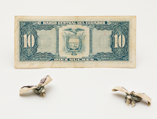 Paulo Nazareth, MC - Bestiary of Capital, 2019, origami made from the Artist's collection of international currencies, variable dimensions