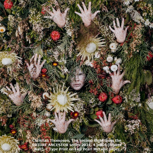 Christian Thompson, The Second Sight' from the FUTURE ANCESTOR series 2021, 4 panel (flower wall), C Type Print on Fuji Pearl Metallic paper