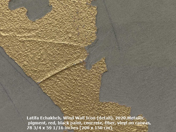 Latifa Echakhch, Wind Wall Icon (detail), 2020.

Metallic pigment, red, black paint, concrete, fiber, vinyl on canvas, 78 3/4 x 59 1/16 inches (200 x 150 cm).