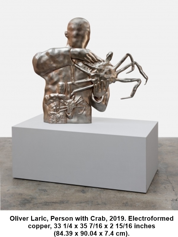 Oliver Laric, Person with Crab, 2019.
Electroformed copper, 33 1/4 x 35 7/16 x 2 15/16 inches (84.39 x 90.04 x 7.4 cm).