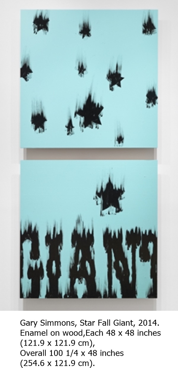 Gary Simmons, Star Fall Giant, 2014.
Enamel on wood,
Each 48 x 48 inches (121.9 x 121.9 cm),
Overall 100 1/4 x 48 inches (254.6 x 121.9 cm).