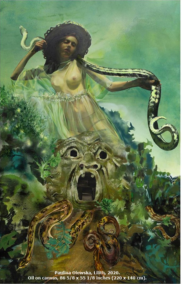 Paulina Olowska, Lilith, 2020.
Oil on canvas, 86 5/8 x 55 1/8 inches (220 x 140 cm).