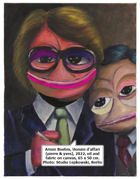 Armin Boehm, Uomini d'affari (pierre & yves), 2022, oil and fabric on canvas, 65 x 50 cm. Photo: Studio Lepkowski, Berlin