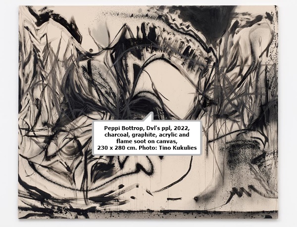 Peppi Bottrop, Dvl's ppl, 2022, charcoal, graphite, acrylic and flame soot on canvas, 230 x 280 cm. Photo: Tino Kukulies