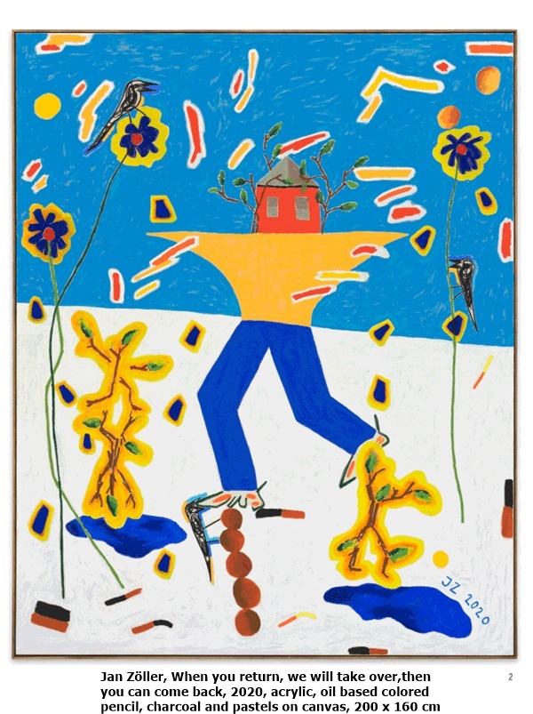 Jan Zöller, When you return, we will take over, then you can come back, 2020, acrylic, oil based colored pencil, charcoal and pastels on canvas, 200 x 160 cm