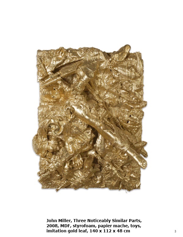 John Miller, Three Noticeably Similar Parts, 2008, MDF, styrofoam, papier mache, toys, imitation gold leaf, 140 x 112 x 48 cm
