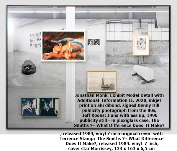 Jonathan Monk, Exhibit Model Detail with Additional Information II, 2020, inkjet print on alu dibond, signed Benny Hill publicity photograph from the 80s, Jeff Koons: Ilona with ass up, 1990 publicity still - in plexiglass case, The Smiths ‎– What Difference Does It Make?, released 1984, vinyl 7 inch original cover with Terrence Stamp/ The Smiths ‎– What Difference Does It Make?, released 1984. vinyl 7 inch, cover star Morrissey, 123 x 163 x 6,5 cm
