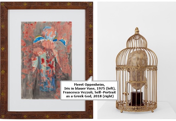 Meret Oppenheim, Iris in blauer Vase, 1975 (left), Francesco Vezzoli, Self–Portrait as a Greek God, 2018 (right)