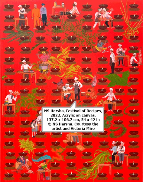 NS Harsha, Festival of Recipes, 2022. Acrylic on canvas. 137.2 x 106.7 cm, 54 x 42 in © NS Harsha. Courtesy the artist and Victoria Miro