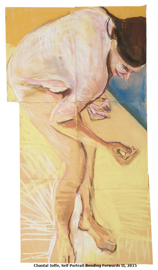 Chantal Joffe, Self Portrait Bending Forwards II, 2015. Pastel on paper. Six overlapping parts.
Assembled dimensions:184 x 100.8 cm, 72 1/2 x 39 3/4 in © Chantal Joffe. Courtesy the artist and Victoria Miro
