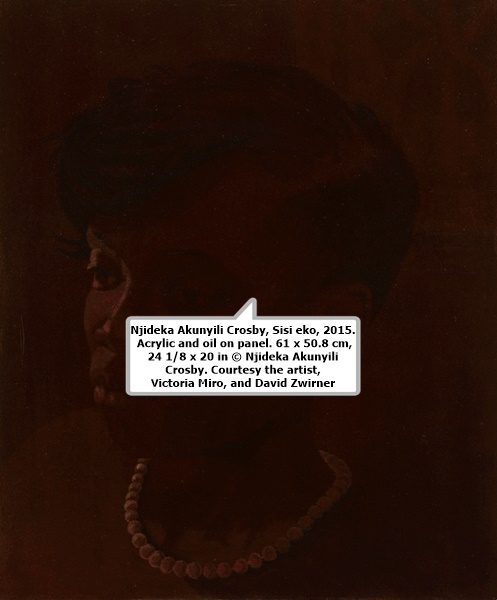 Njideka Akunyili Crosby, Sisi eko, 2015. Acrylic and oil on panel. 61 x 50.8 cm, 24 1/8 x 20 in © Njideka Akunyili Crosby. Courtesy the artist, Victoria Miro, and David Zwirner
