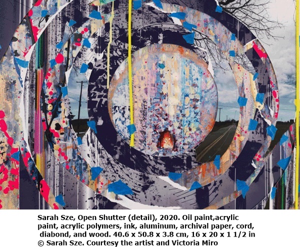 Sarah Sze, Open Shutter (detail), 2020. Oil paint, acrylic paint, acrylic polymers, ink, aluminum, archival paper, cord, diabond, and wood. 40.6 x 50.8 x 3.8 cm, 16 x 20 x 1 1/2 in © Sarah Sze. Courtesy the artist and Victoria Miro