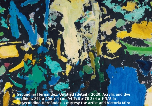 Secundino Hernández, Untitled (detail), 2020. Acrylic and dye on linen. 241 x 200 x 4 cm, 94 7/8 x 78 3/4 x 1 5/8 in © Secundino Hernández. Courtesy the artist and Victoria Miro