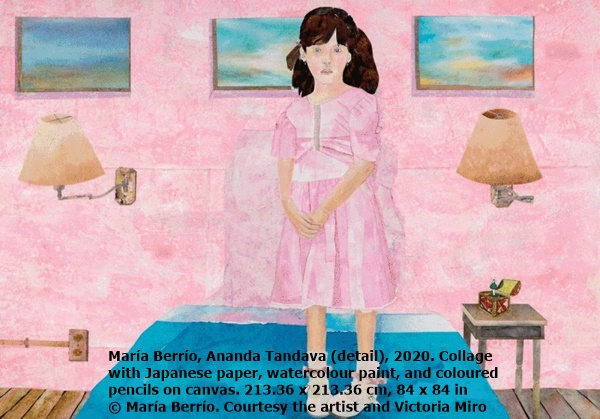 María Berrío, Ananda Tandava (detail), 2020. Collage with Japanese paper, watercolour paint, and coloured pencils on canvas. 213.36 x 213.36 cm, 84 x 84 in © María Berrío. Courtesy the artist and Victoria Miro