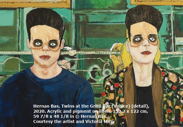 Hernan Bas, Twins at the Gritti Bar (Venice) (detail), 2020. Acrylic and pigment on linen. 152.2 x 122 cm, 59 7/8 x 48 1/8 in © Hernan Bas. Courtesy the artist and Victoria Miro